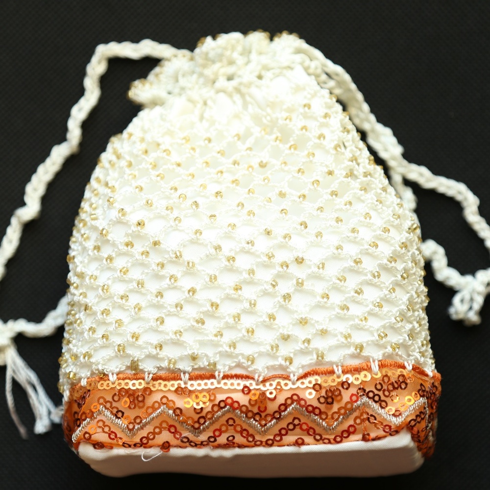 NWT White Beaded Crocheted Lined Potli Bag/Pouch